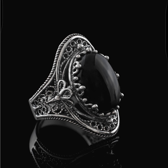 Free shipping. Black Onyx 925 Silver Handmade Filigree Ring - Picture 1 of 4
